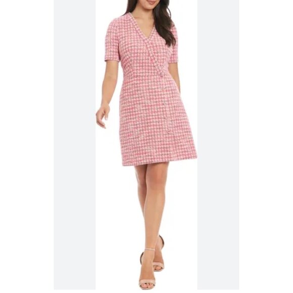 NWT- London Times Womens V-Neck Faux Wrap Houndstooth pink heart Dress - Size 8 - Picture 1 of 16